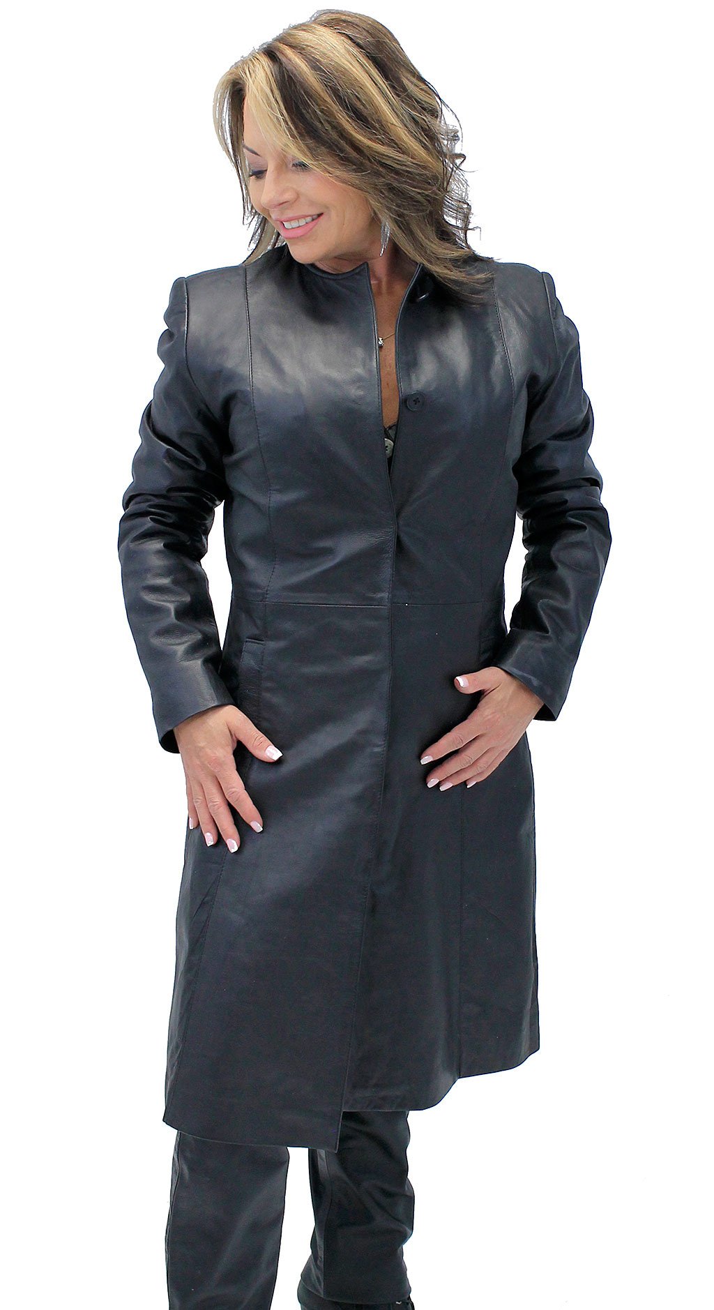 Collar Free Long Lambskin Leather Coat for Women #L1502398ZK (S,2X,3X)