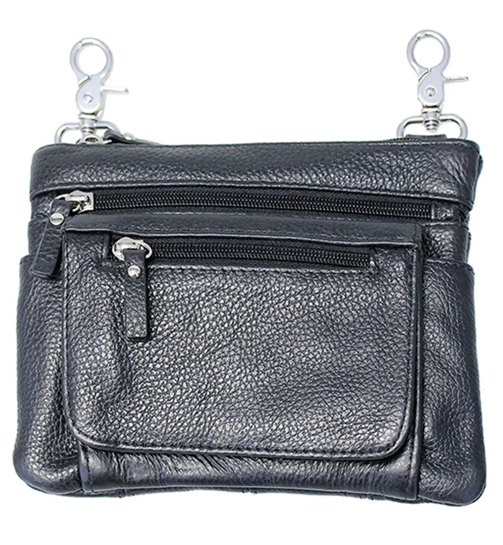 Extra Large Black Leather Hip Clip Bag, Double Claw Clips, Multi-Pocket Pouch #PKK30975XK