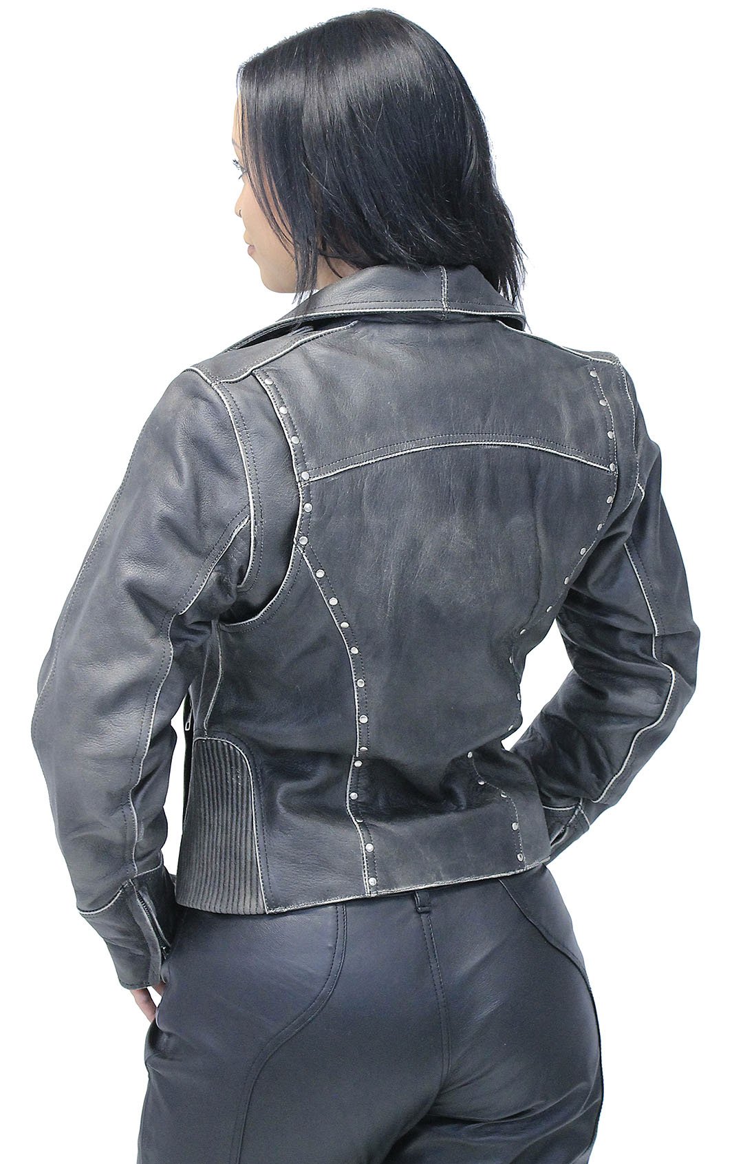 Rivet Trim Vintage Leather Motorcycle Jacket for Women #LA4041ZRDN (S-XL)