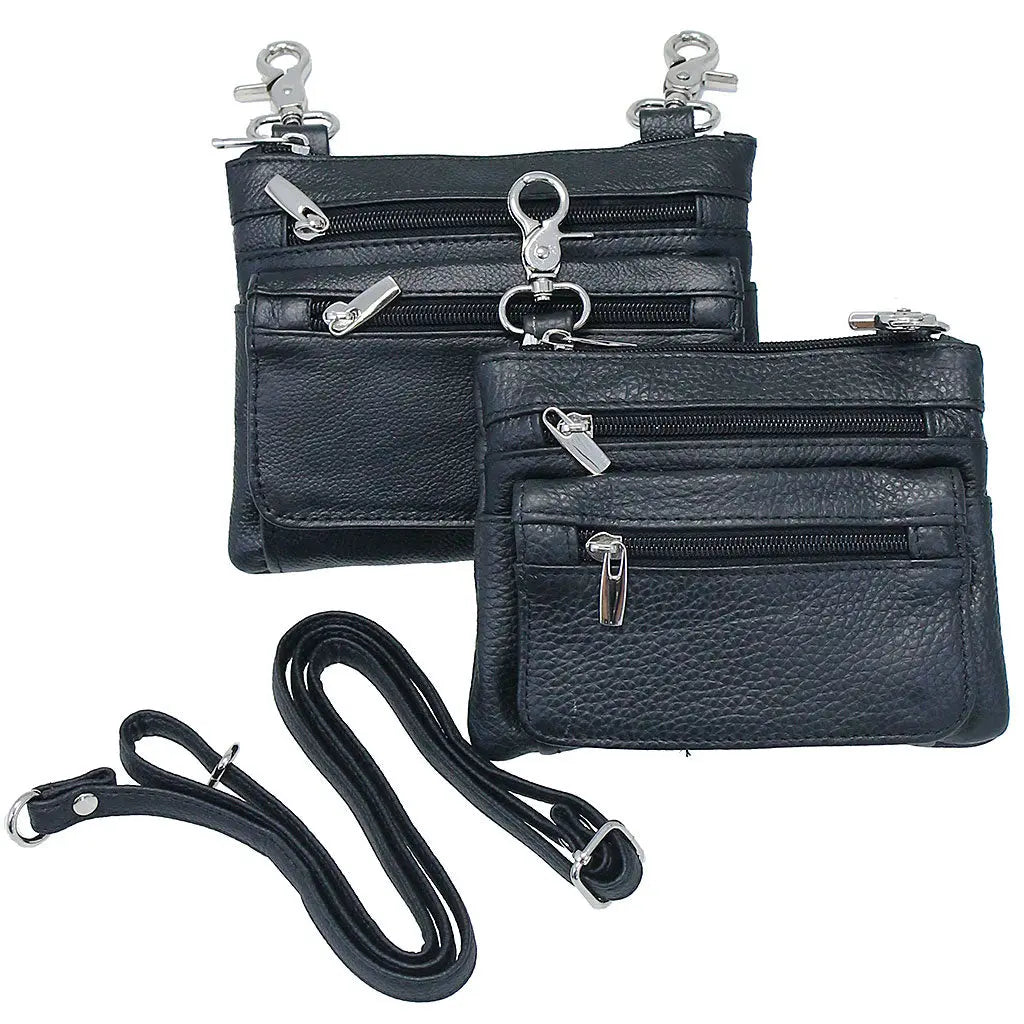 Extra Large Black Leather Hip Clip Bag, Double Claw Clips, Multi-Pocket Pouch #PKK30975XK
