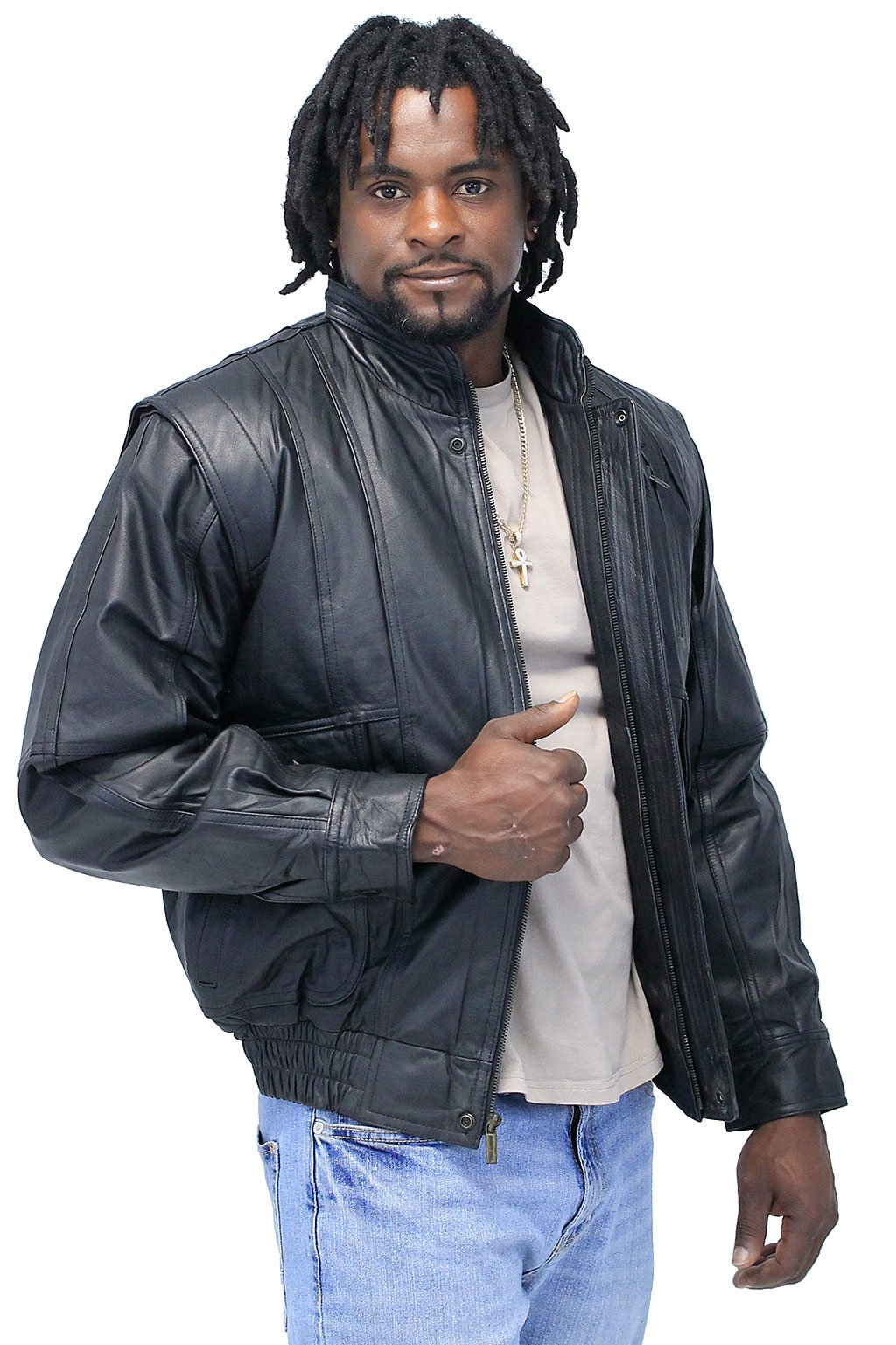 Black Leather Bomber Jacket w/Mandarin Collar #M511ZK (XS-S)