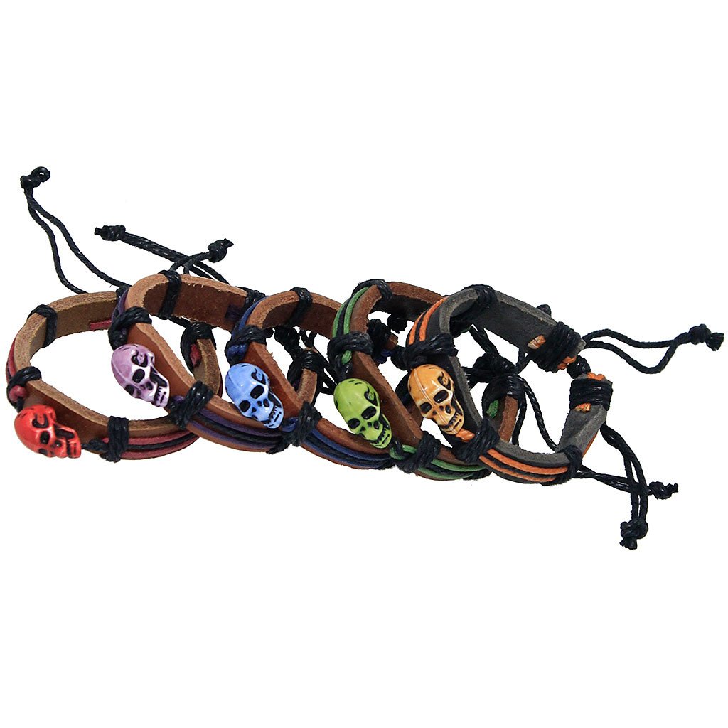 Adjustable Leather Wristband with Colorful Skull #WB336SK