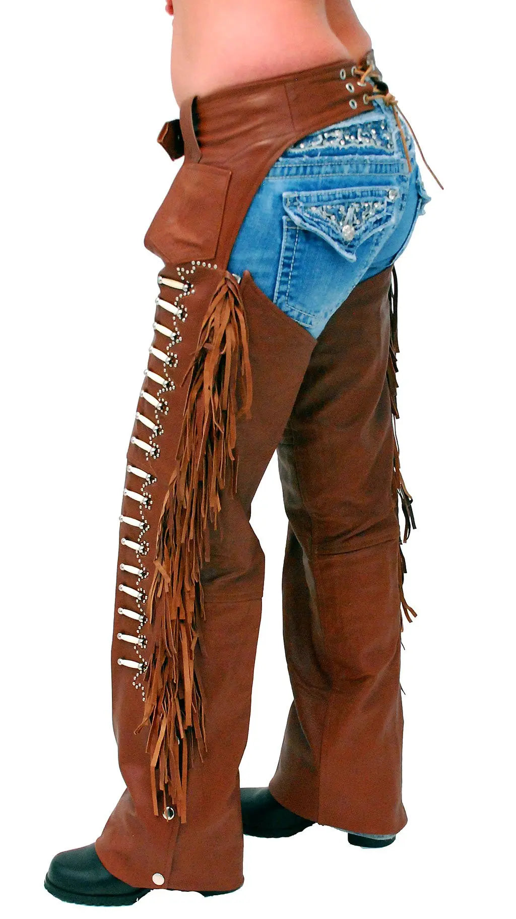 Brown Leather Chaps w/Fringe & Bone Beading #C4300FBN (XS-S)