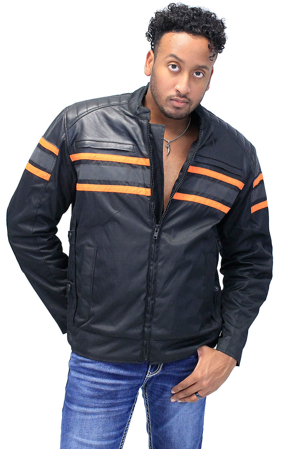 Orange Stripe Armor Reflector Men's Jacket Leather-Textile #MC361616AO ()