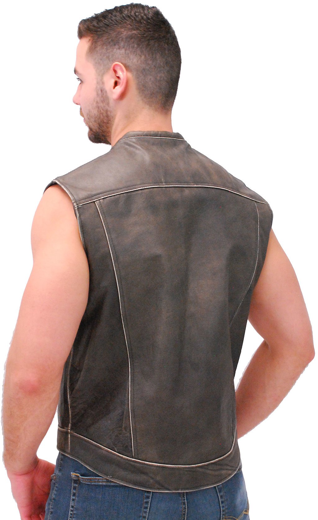 Vintage Brown Leather Club Vest w/Dual Concealed Pockets #VMA1015DN (M, 3X-5X)