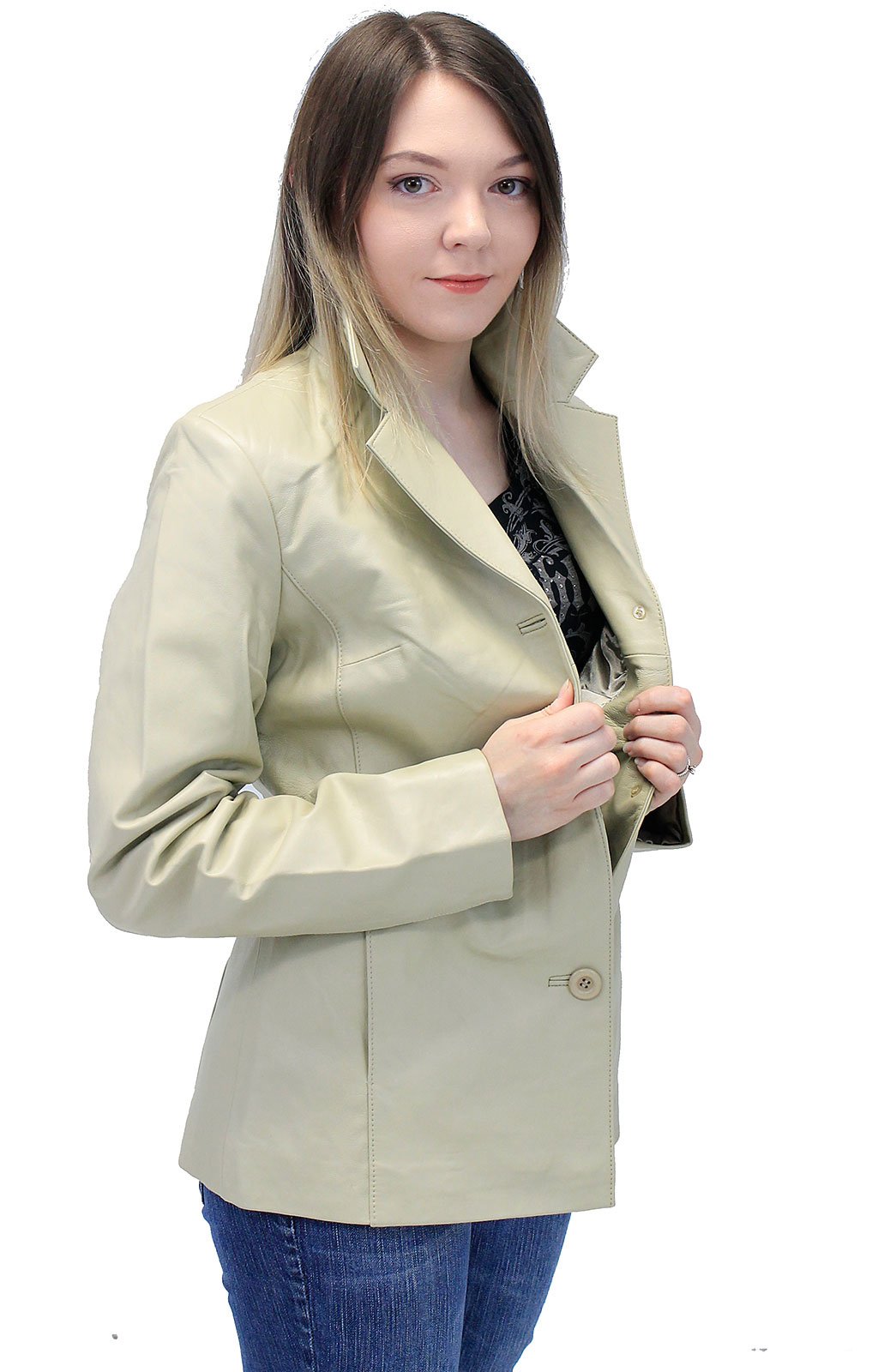 Sand Color Women's 3 Button Genuine Leather Jacket #L32BTT (S-3X)
