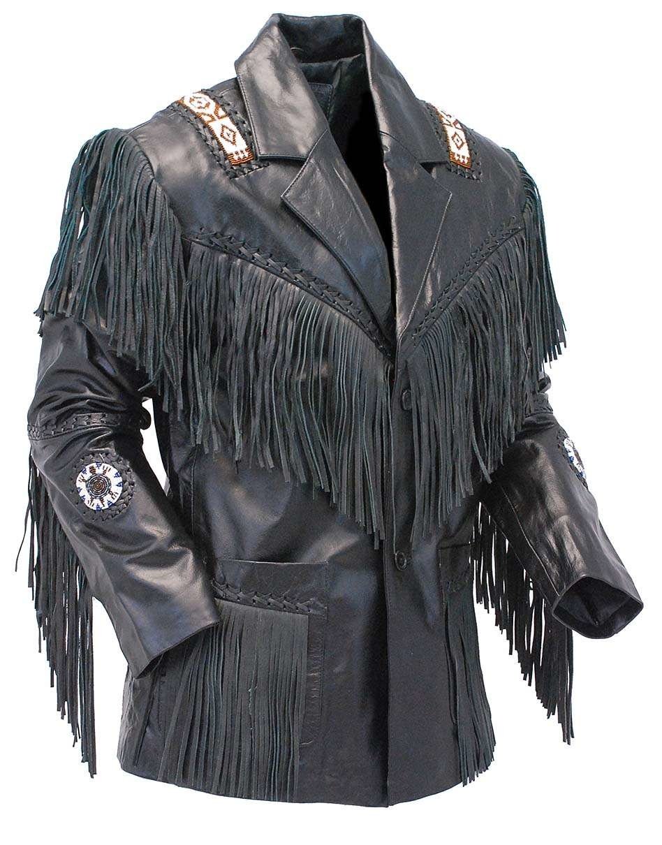 Tribal Bead Black Leather Fringe Blazer Jacket #M2537BBFK