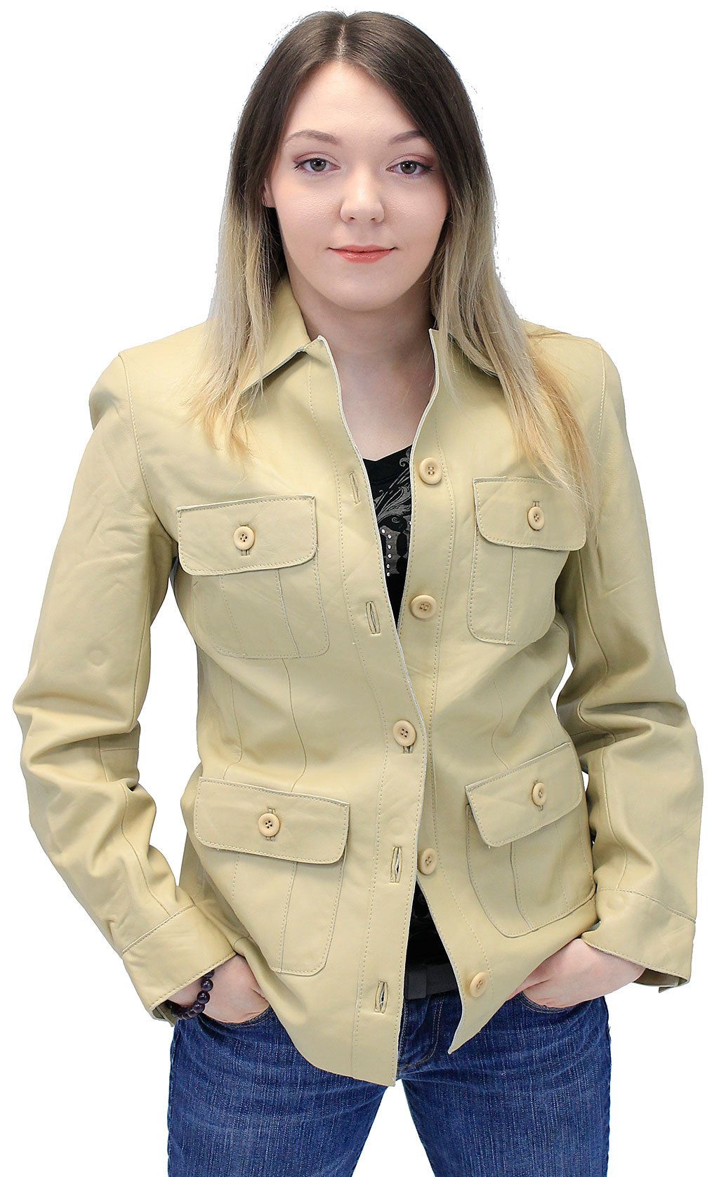 Cream White Lightweight Button-Up Lambskin 4 Pocket Jacket #L718022T (S-L)