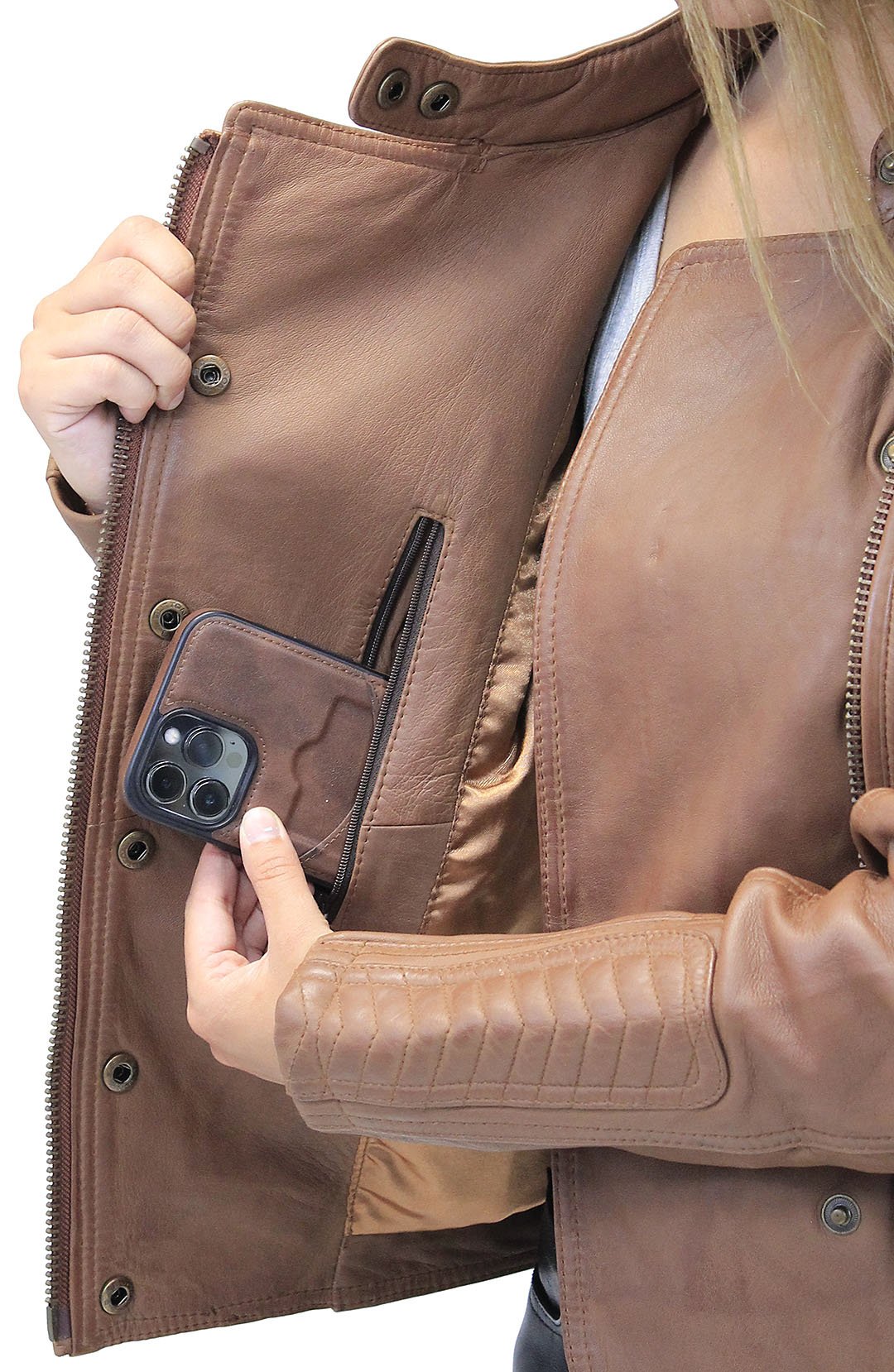Women's Soft Brown Lambskin Zip Snap Motorcycle Jacket #L1587N  (S, XL-5X)