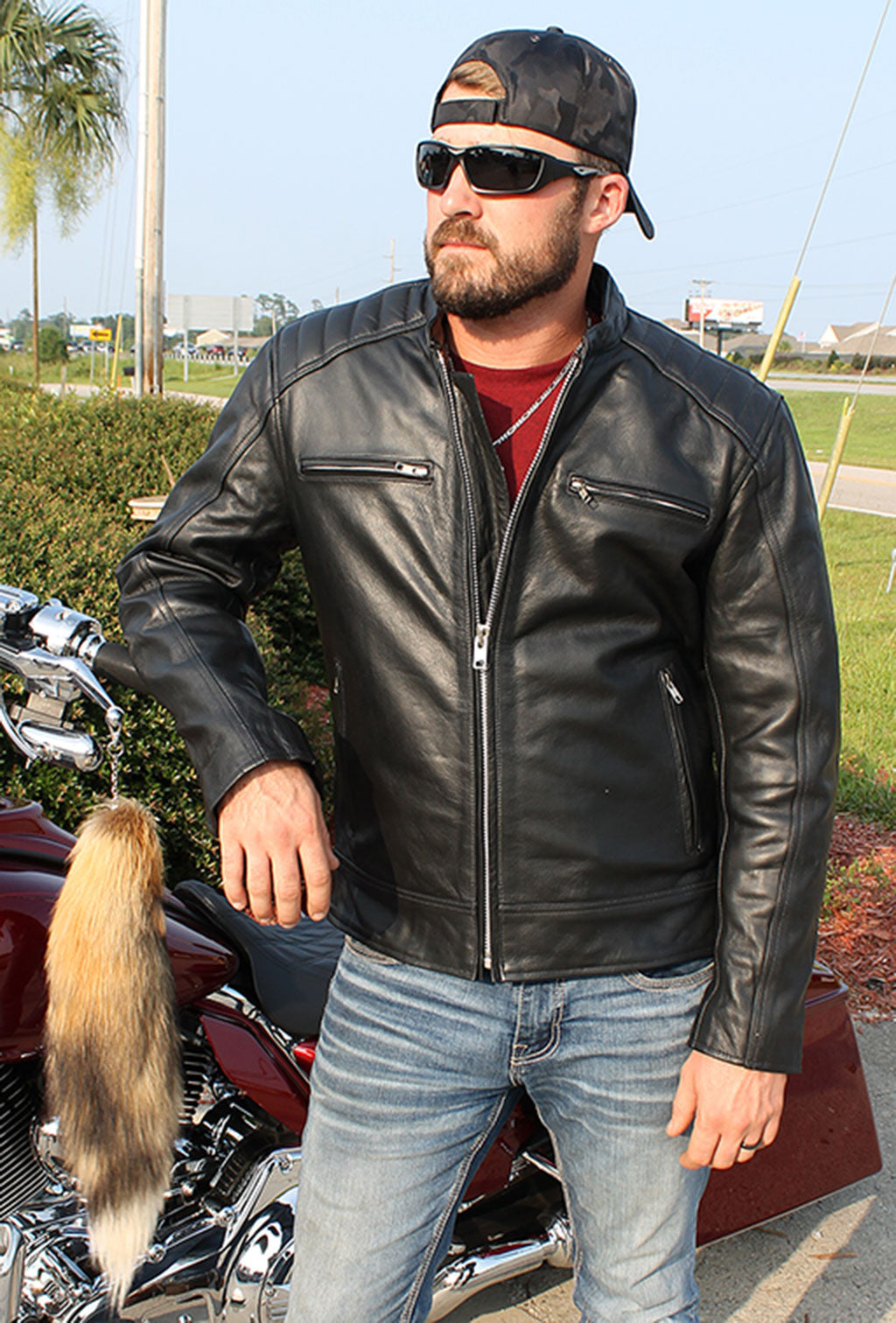 Men's Ribbed Shoulder Leather Motorcycle Jacket #M5760GQZK (M,3X)
