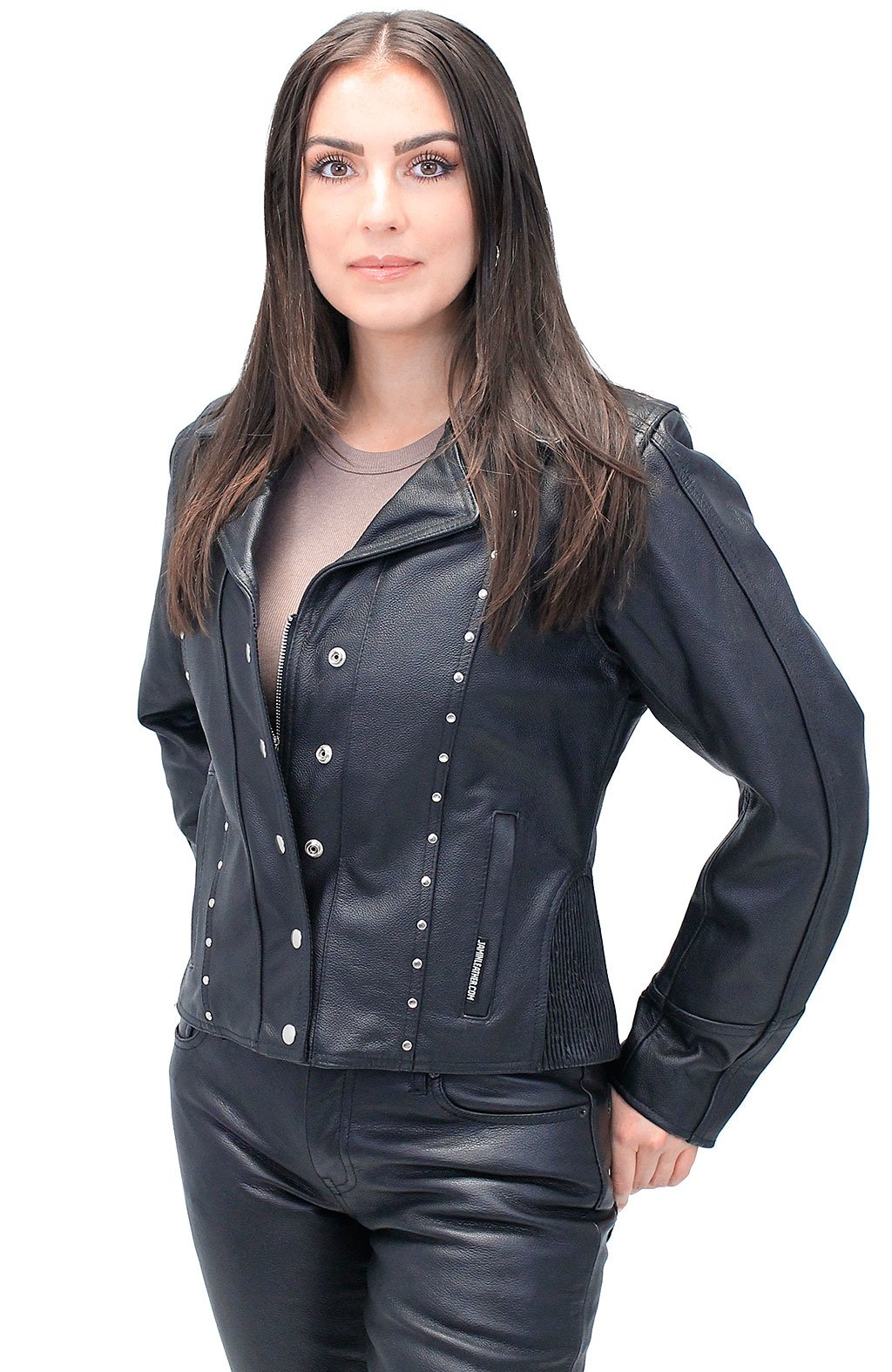 Black Rivet Trim Cowhide Motorcycle Jacket #L4042RZK (XS-4X)