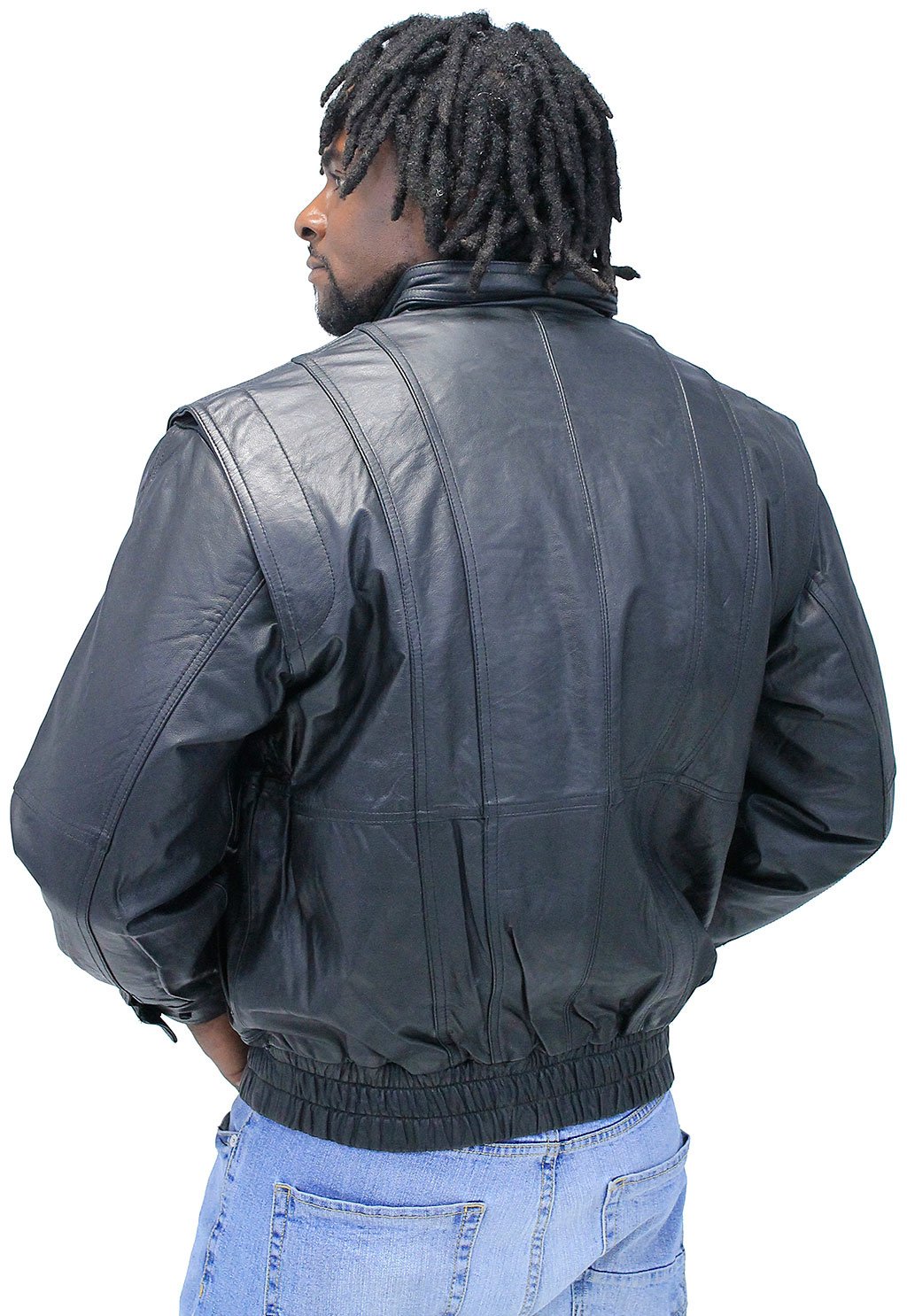 Black Leather Bomber Jacket w/Mandarin Collar #M511ZK (XS-S)