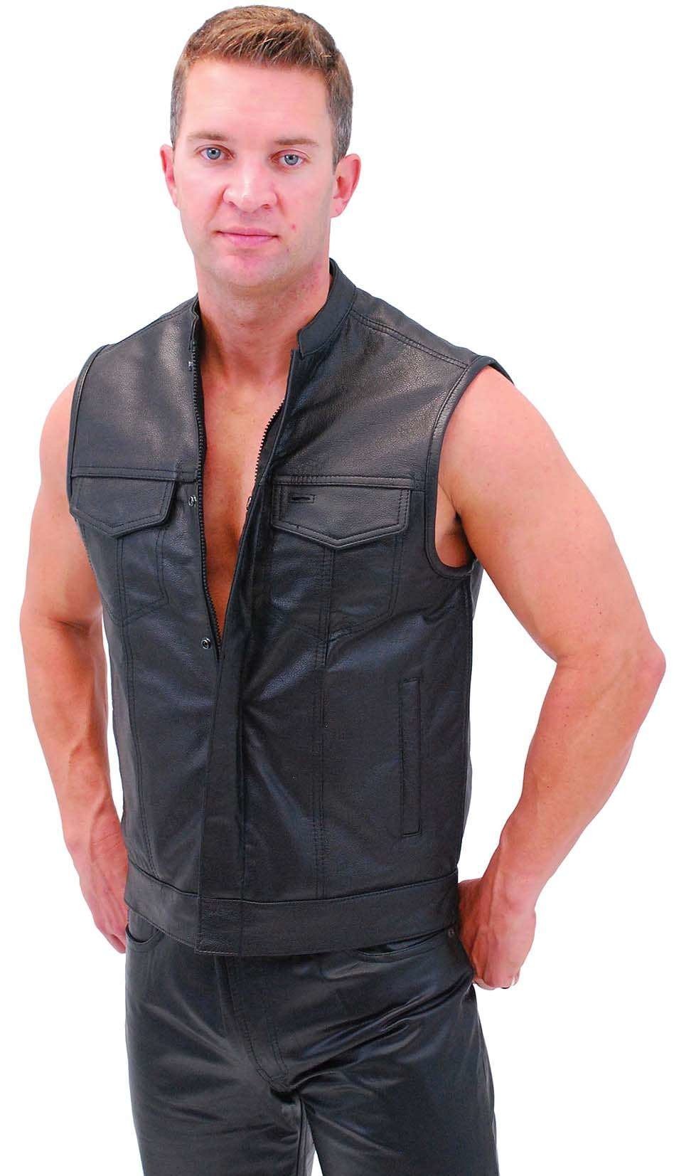 Men's Snap & Zip Buffalo Leather Club Vest w/1 Piece Back #VM690GZK (XL-5X)