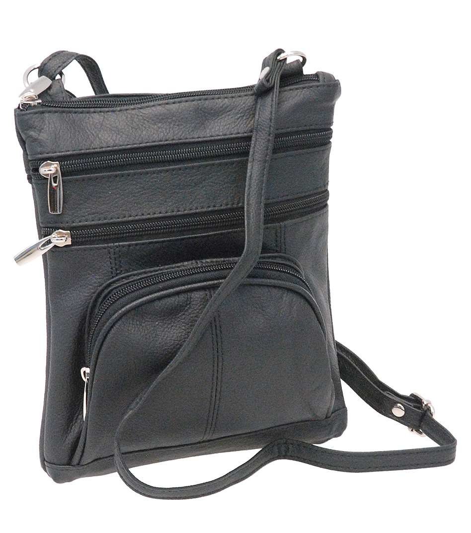9'' Black Leather Side Bag Purse w/Organizer Front Pocket #P004K
