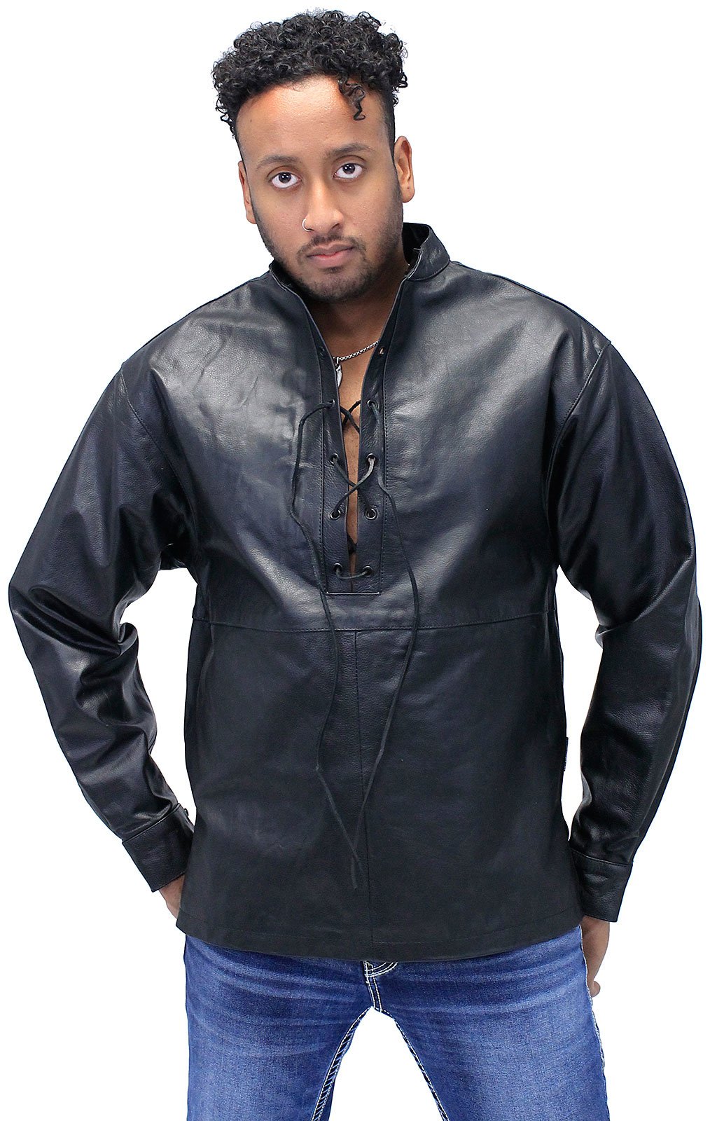 Men's Lace Up Leather Pullover Shirt Jacket #MS2013LK (S,M,2X,3X)
