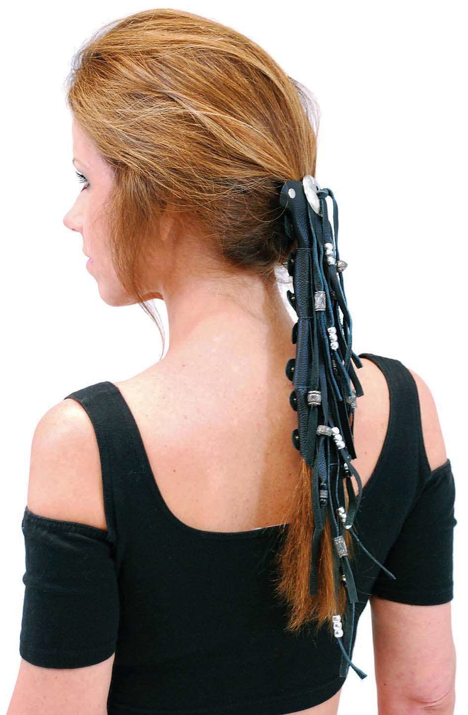 10.5" Extra Long Silver Beaded Black Leather Hair Tube #AHW6543FBS