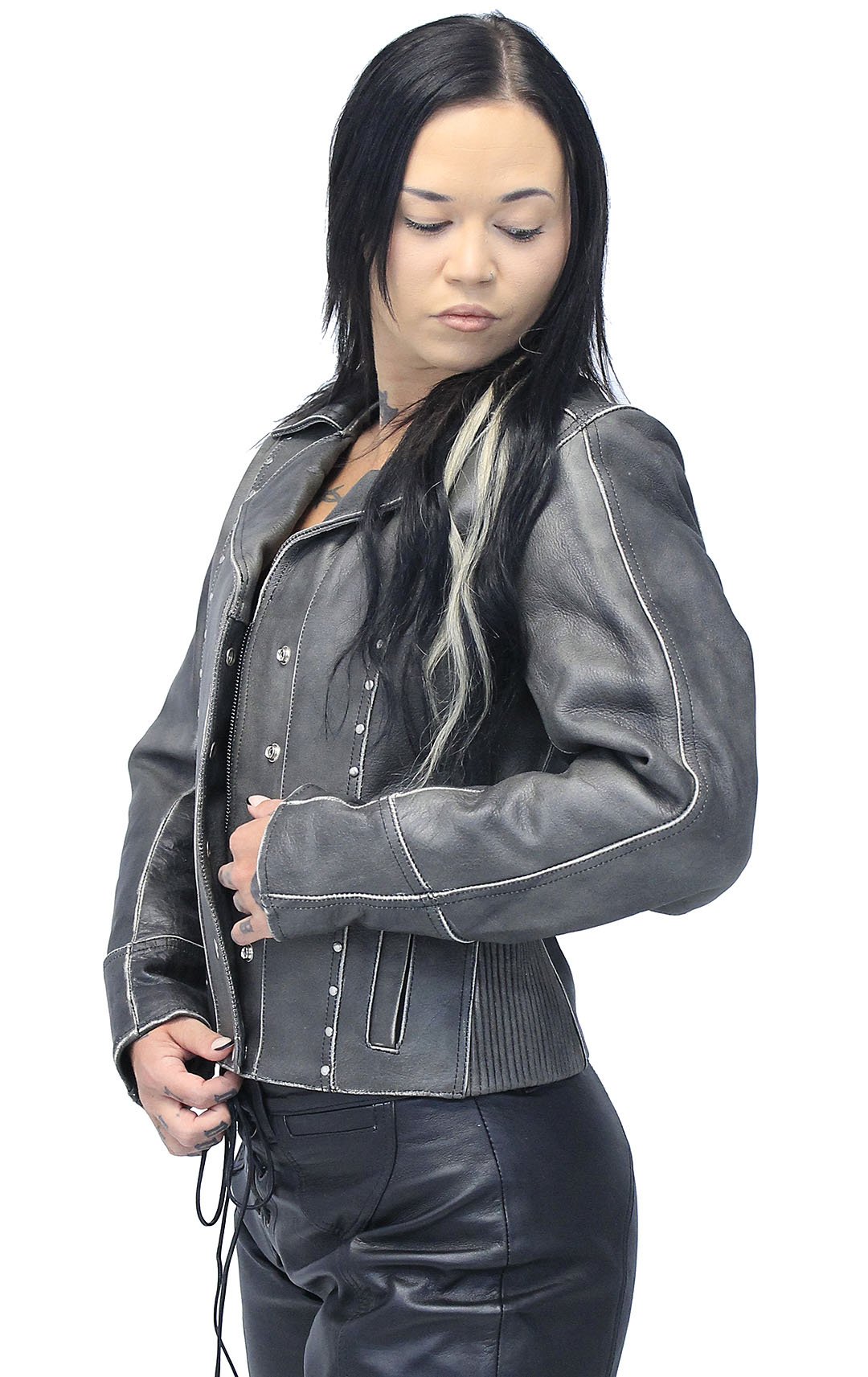 Rivet Trim Vintage Leather Motorcycle Jacket for Women #LA4041ZRDN (S-XL)