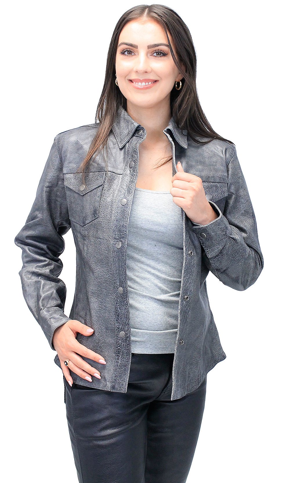 Women's Vintage Gray Leather Shirt #LS8623GY (M-L)